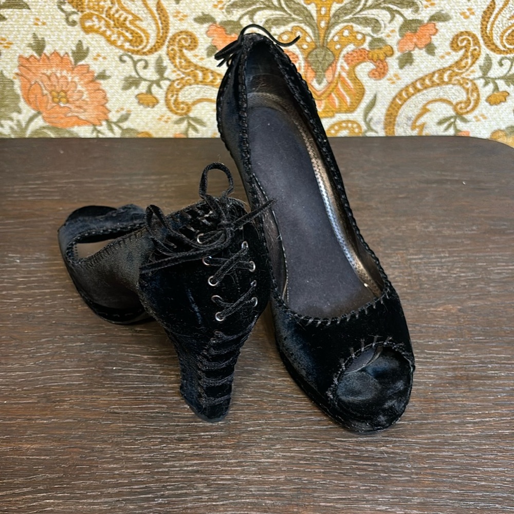 J Vincent Black Velvet Texture Heels with Lace Up Detail